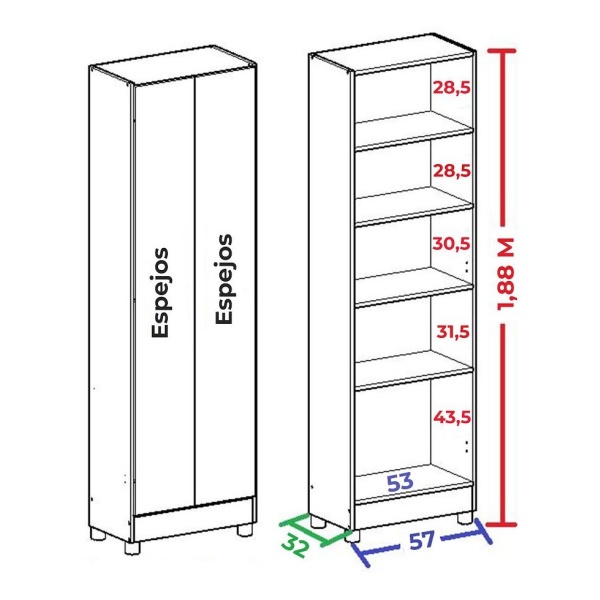 Ropero Multiuso Con Espejos 2 Puertas - Biblioteca Zapatera - Imagen 8
