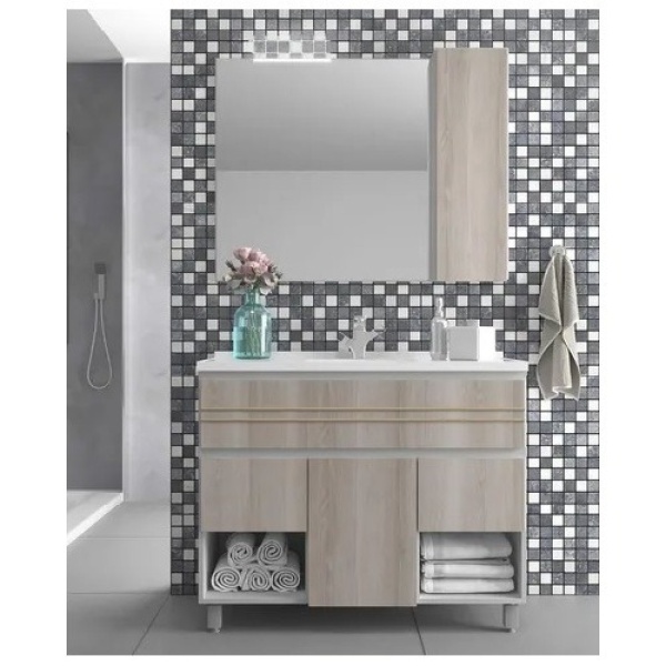 Mueble De Baño Con Patas Y Bacha - Muebes Web - Espejo Grande - Con Puerta Y Estantes - Mdf