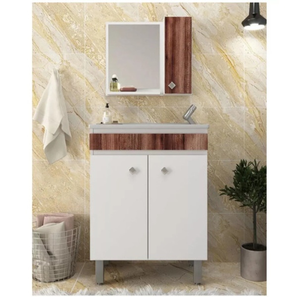 Mueble De Baño Con Patas 1 Puerta Y Botiquin Bacha Y Espejo Mdf Muebles Web