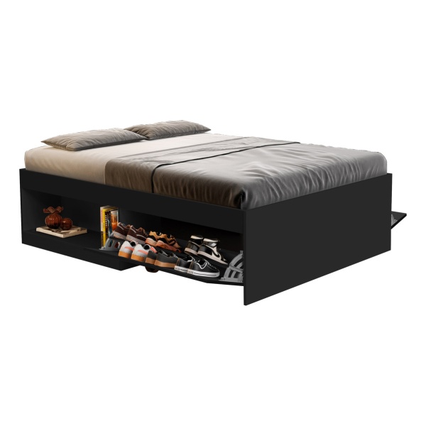 Cama Box Matrimonial 2 Plazas Con Zapatera Y Nicho Modelo Laura Matrimonial Color Negro - Imagen 2