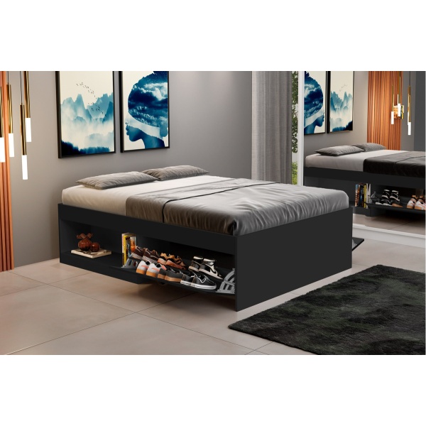 Cama Box Matrimonial 2 Plazas Con Zapatera Y Nicho Modelo Laura Matrimonial Color Negro - Imagen 4