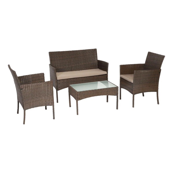 Set Juego De Jardin 4 Piezas Patio Rattan Mesa De Vidrio Color Marrón - Imagen 5