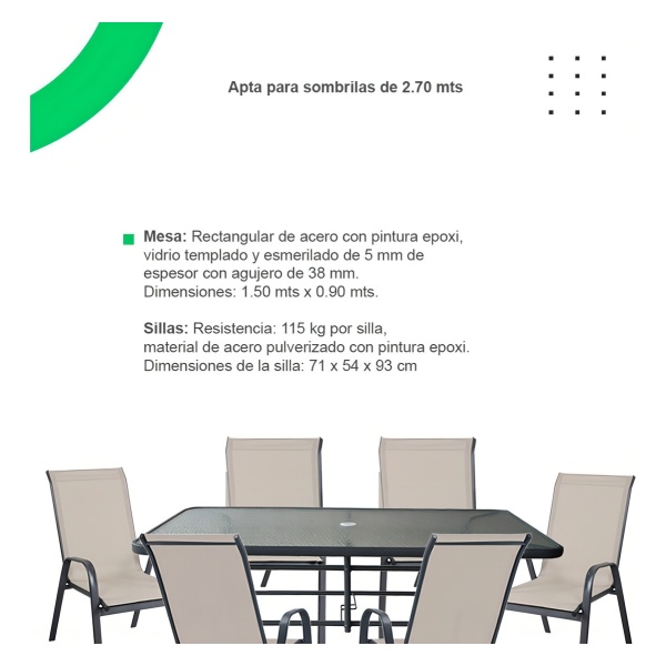 Juego Jardín Exterior Mesa Con 6 Sillas Balcón Patio Piscina Estructura Gris Oscuro - Imagen 5