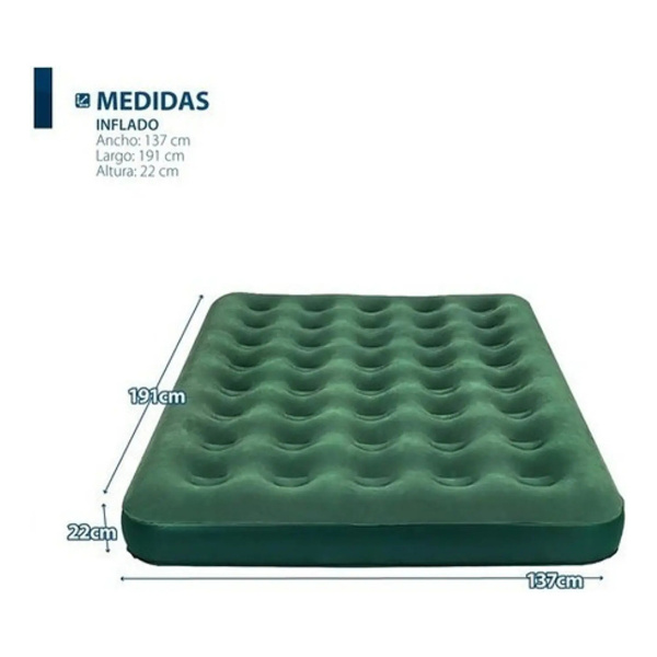 Colchon Inflable 2 Plazas + Inflador + 2 Almohadas Color Verde - Imagen 2