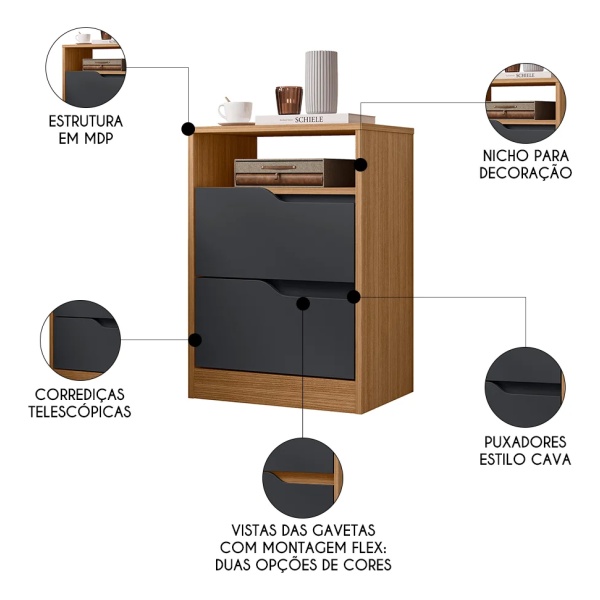 Mesa De Luz Mesita Auxiliar De Noche Sole Flex Dormitorio Muebles Web Nature/titanium - Imagen 2