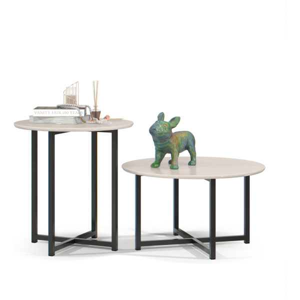 Mesa Ratona + Mesa Lateral Auxiliar Set Living Comedor Mesita De Centro Estar Mdf Y Metal Color Off White/negro