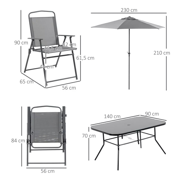 Juego De Jardín Exterior Mesa Rectangular + 6 Sillas Plegabes + Sombrilla Color Gris - Imagen 2