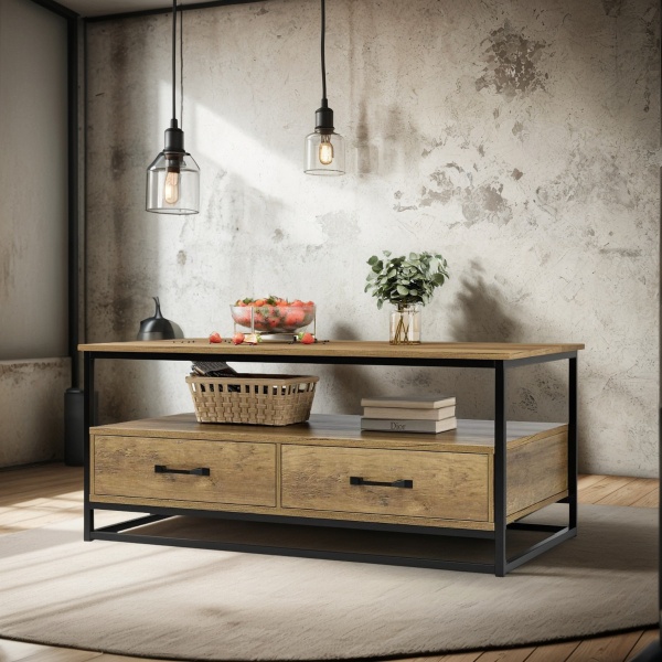 Mesa De Centro Ratona Estilo Industrial Cajones Muebles Web