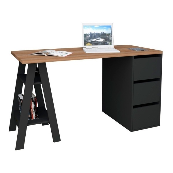 Escritorio Appunto Self Con Cajones Mdp De 135cm X 76cm X 60cm Castaño Y Negro Mate