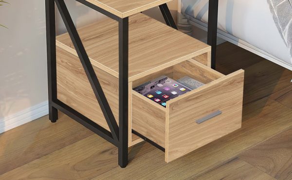 Mesa De Luz Estilo Industrial Cajon Estante - Muebles Web - Imagen 2