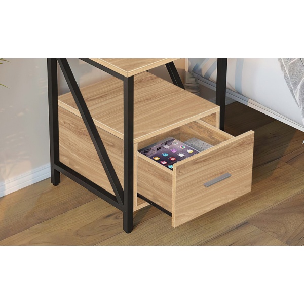 Mesa De Luz Estilo Industrial Cajon Estante - Muebles Web - Imagen 2