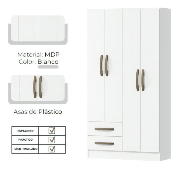 Ropero Guardaropas Roperia Morpheus Blanco 5 Estantes, 4 Espacios De Guardado, Con 4 Puertas Y 2 Cajones En Mdp Y Manijas Premium. Origen Brasil. ¡organiza Tu Ropa Sin Gastar Demas! - Imagen 2