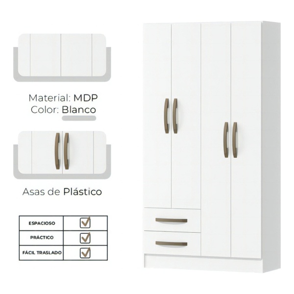 Ropero Guardaropas Roperia Morpheus Blanco 5 Estantes, 4 Espacios De Guardado, Con 4 Puertas Y 2 Cajones En Mdp Y Manijas Premium. Origen Brasil. ¡organiza Tu Ropa Sin Gastar Demas! - Imagen 2