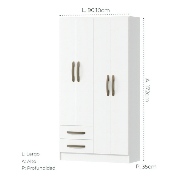 Ropero Guardaropas Roperia Morpheus Blanco 5 Estantes, 4 Espacios De Guardado, Con 4 Puertas Y 2 Cajones En Mdp Y Manijas Premium. Origen Brasil. ¡organiza Tu Ropa Sin Gastar Demas! - Imagen 4