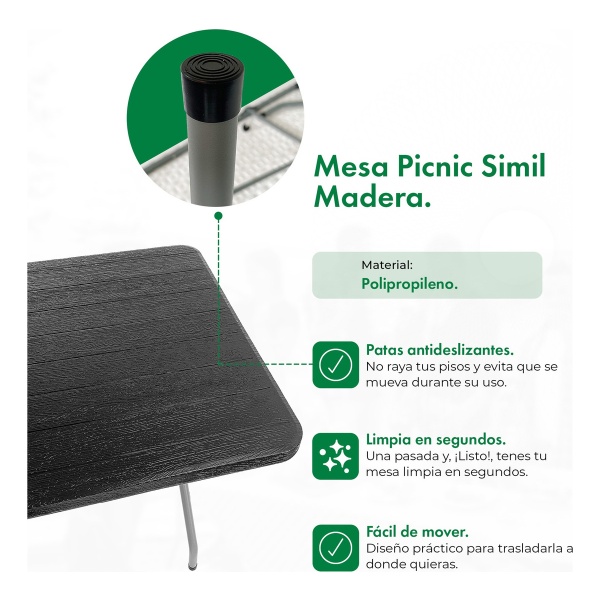 Mesa Plegable Picnic 180cm Simil Madera + 4 Sillas Paris Color Negro Garden Life - Imagen 2