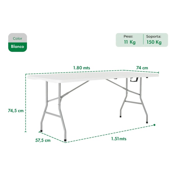 Mesa Plegable Picnic 180cm + 4 Sillas Paris Garden Life Blanco - Imagen 6
