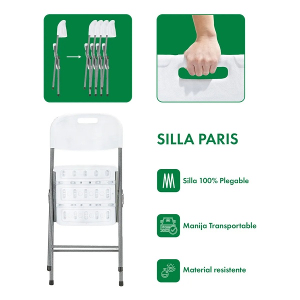 Silla De Jardin Paris Plegable Plastica X6 Garden Life Blanco Silla Paris - Imagen 2