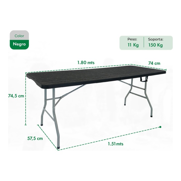 Mesa Plegable Picnic 180cm Simil Madera + 4 Sillas Paris Color Negro Garden Life - Imagen 4
