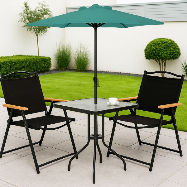 Juego De Jardin Set Exterior Sombrilla Mesa Vidrio Sillas