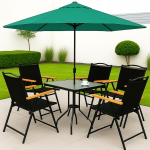 Juego De Jardin Set Exterior Sombrilla Mesa Vidrio 4 Sillas