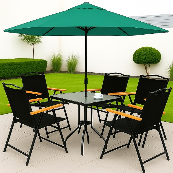 Juego De Jardin Set Exterior Sombrilla Mesa Vidrio 4 Sillas