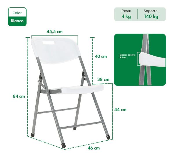 Mesa Plegable Picnic 180cm + 4 Sillas Paris Garden Life Blanco - Imagen 9