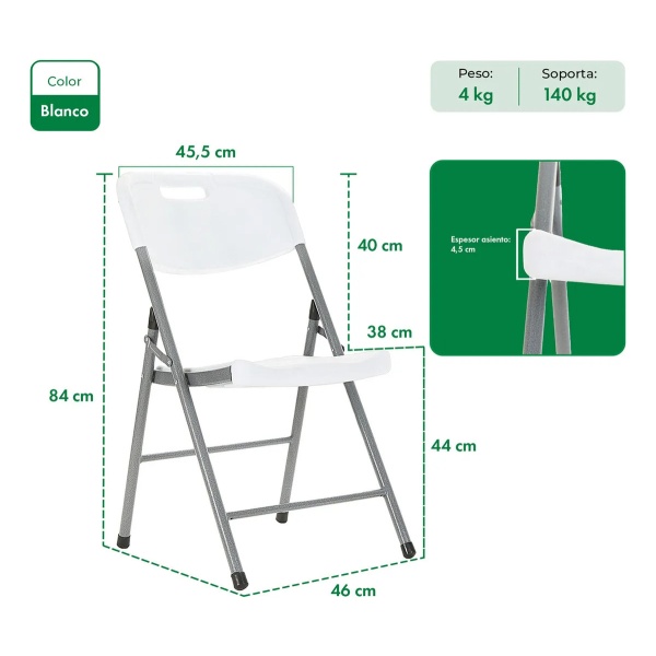 Mesa Plegable Picnic 180cm + 4 Sillas Paris Garden Life Blanco - Imagen 9