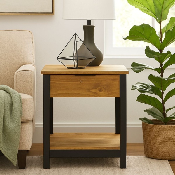 Mesa De Luz Madera - 1 Cajon - Zapatera - Dormitorio - Lcm Color Negro/miel