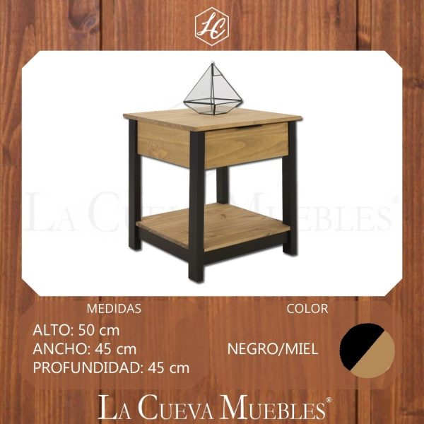 Mesa De Luz Madera - 1 Cajon - Zapatera - Dormitorio - Lcm Color Negro/miel - Imagen 3