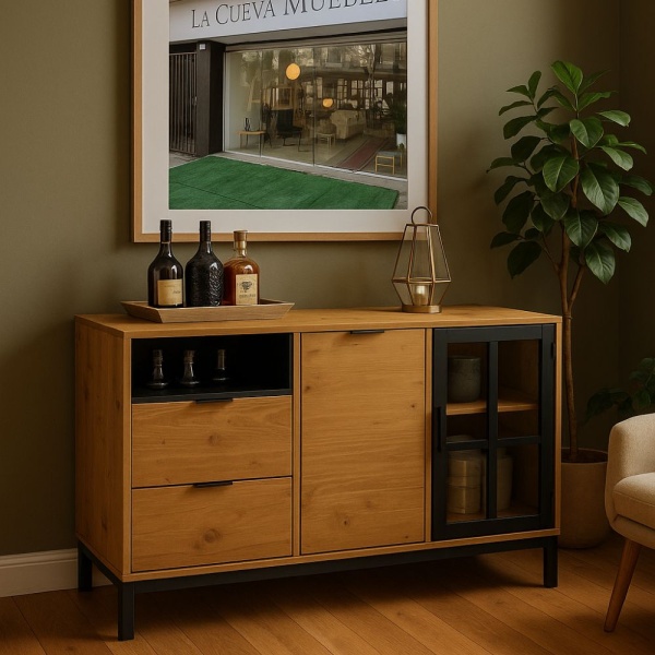 Aparador Bargueño Rack Living Comedor Mueble Madera Ld Lcm Color Miel/negro