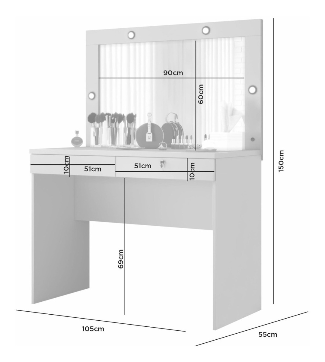 Tocador - Comoda - Camarin - Espejo + Luz Led + Cerradura Off White - Imagen 3