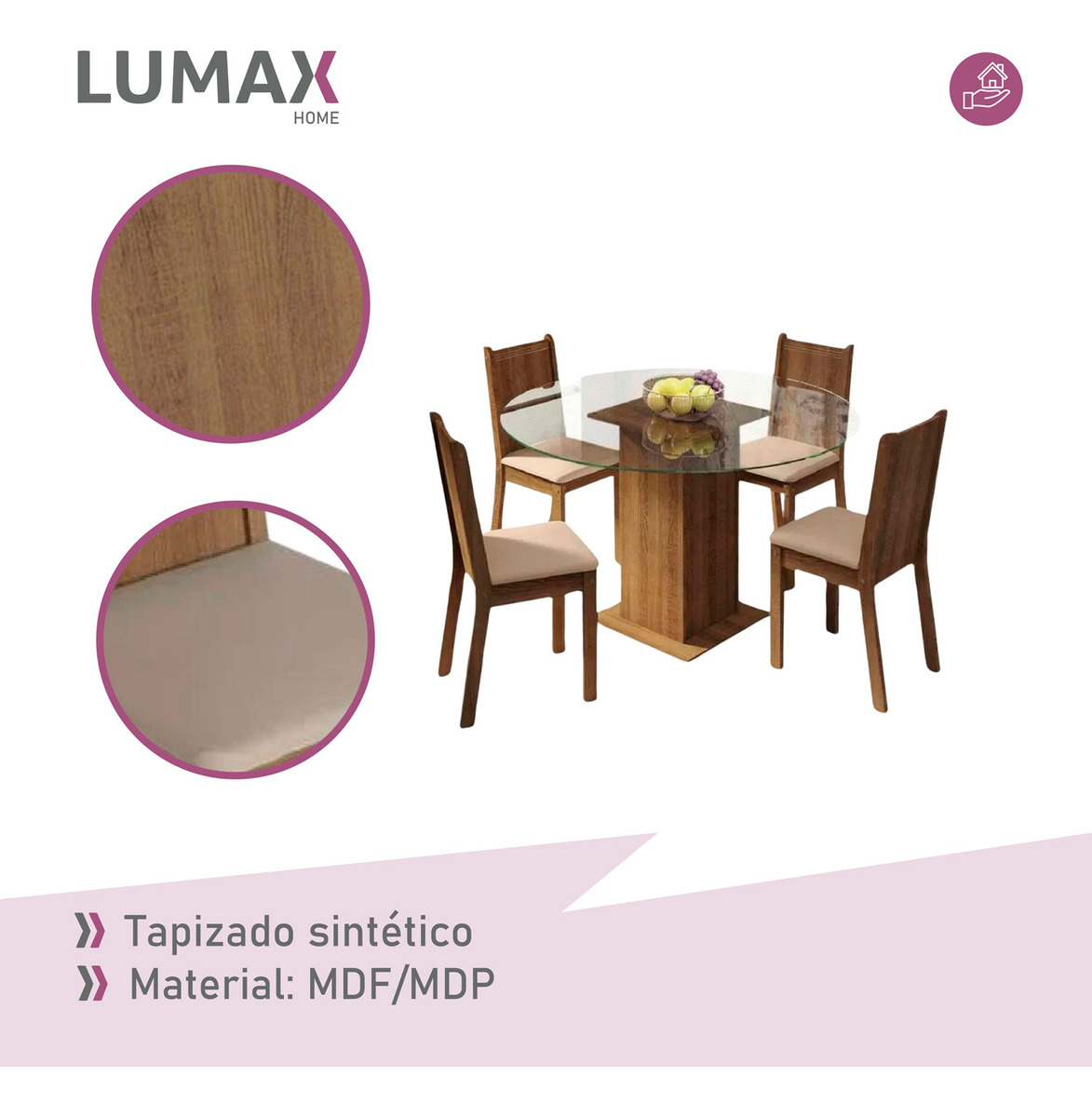 Juego De Comedor Con Mesa Redonda De Vidrio Y 4 Sillas Rústi Color Beige Liso - Imagen 6