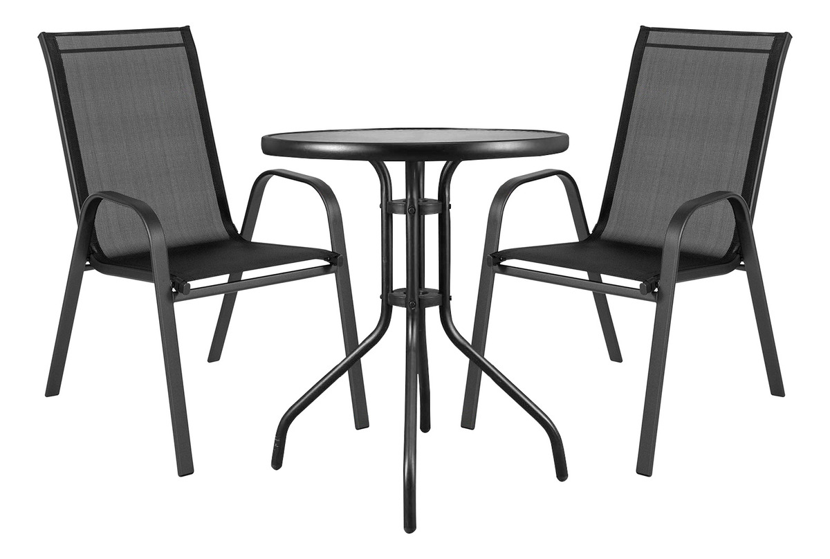 Empoli Em-6021 Juego De Terraza Jardín Mesa Vidrio 2 Sillas Impermeable Negro
