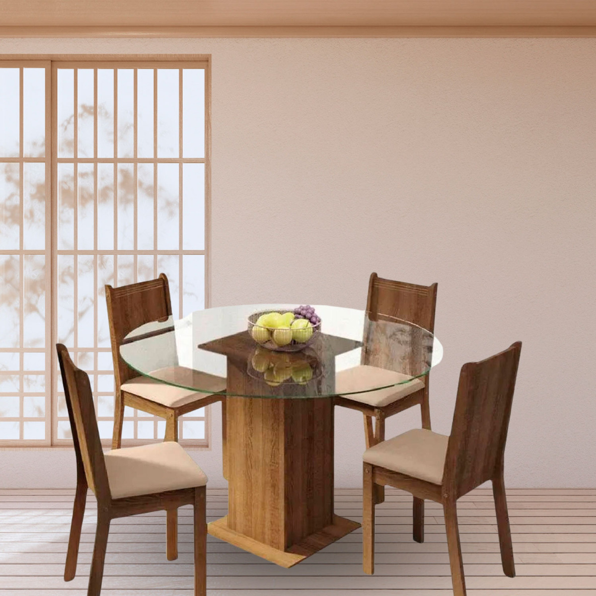 Juego De Comedor Con Mesa Redonda De Vidrio Y 4 Sillas Rústi Color Beige Liso - Imagen 8