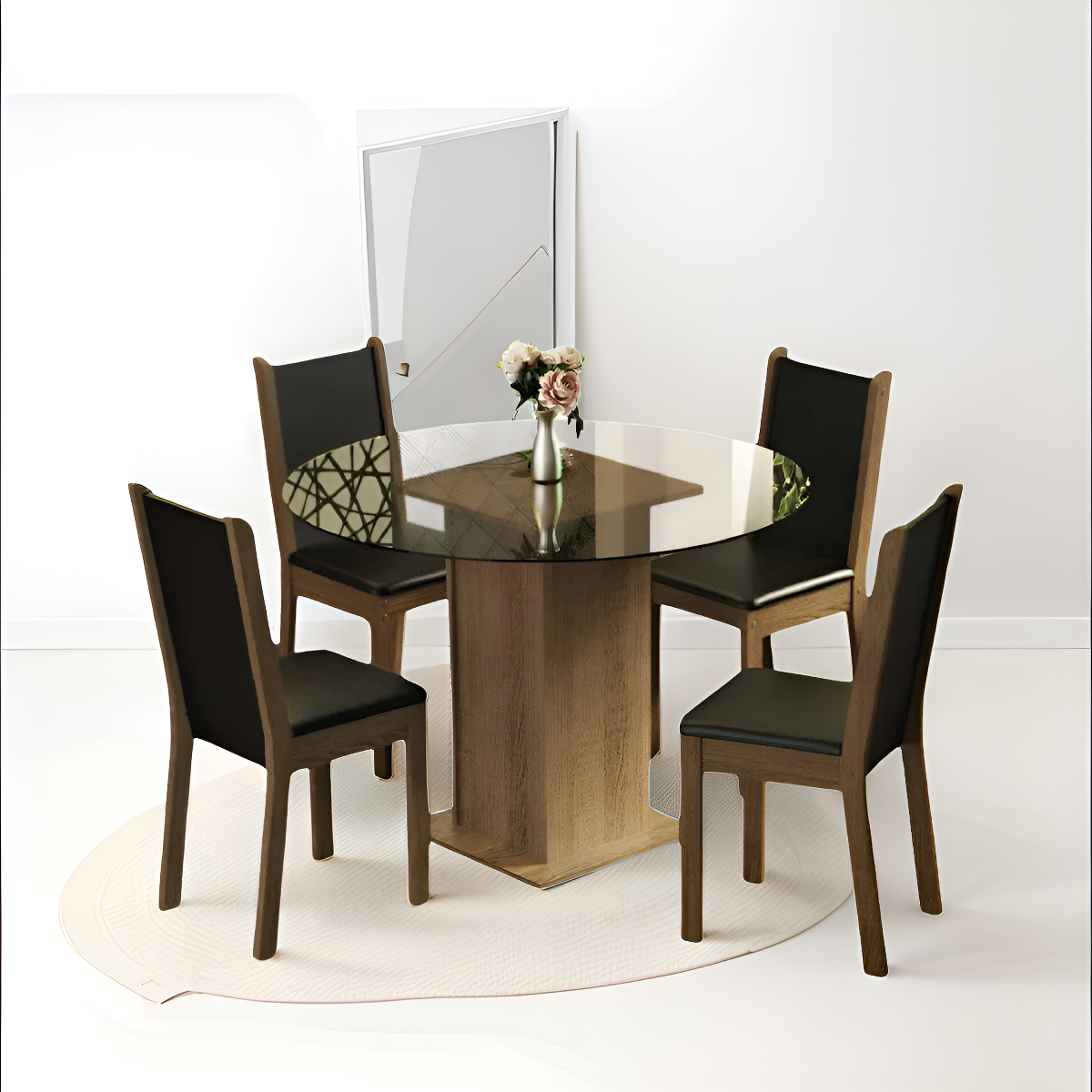 Juego De Comedor Con Mesa Redonda De Vidrio Y 4 Sillas Rústi Color Negro Liso