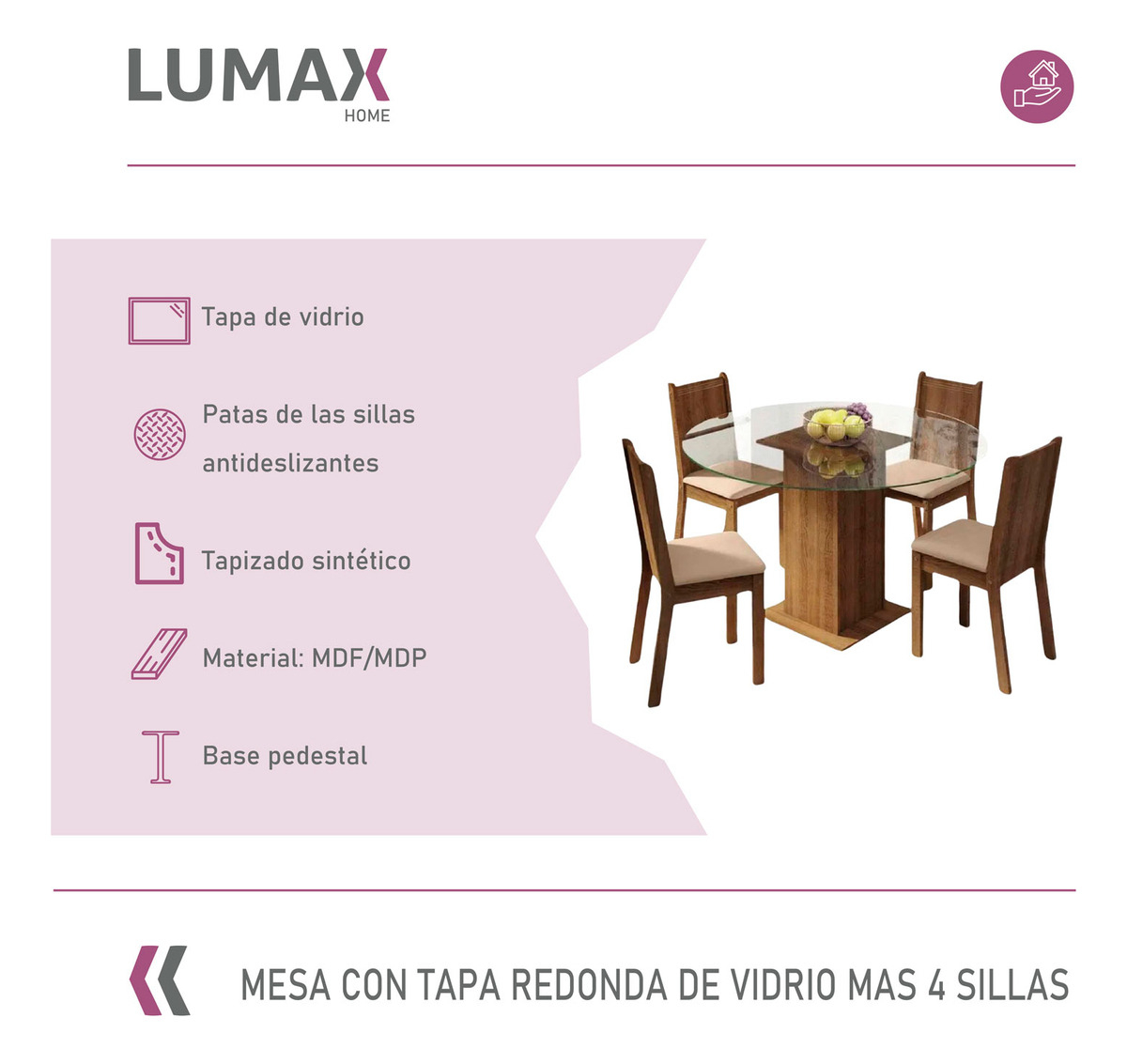 Juego De Comedor Con Mesa Redonda De Vidrio Y 4 Sillas Rústi Color Beige Liso - Imagen 2