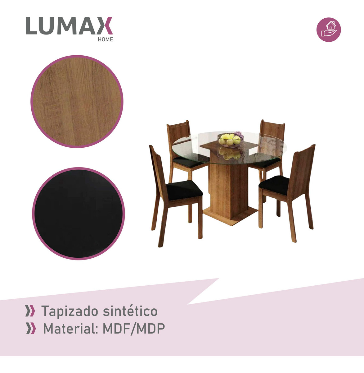 Juego De Comedor Con Mesa Redonda De Vidrio Y 4 Sillas Rústi Color Negro Liso - Imagen 6