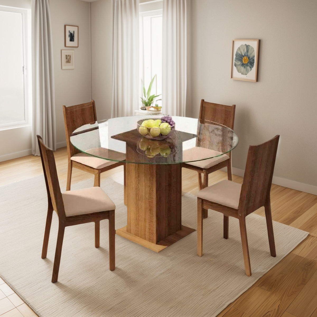 Juego De Comedor Con Mesa Redonda De Vidrio Y 4 Sillas Rústi Color Beige Liso