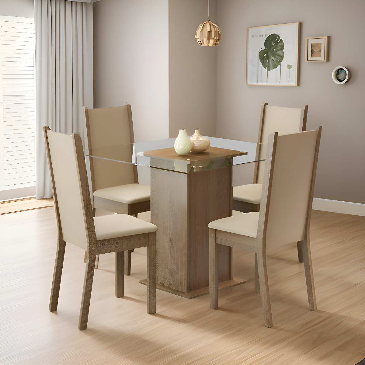 Juego De Comedor 4 Sillas/mesa Living De Vidrio Tapizado Rus Color Marrón Diseño De La Tela De Las Sillas Liso