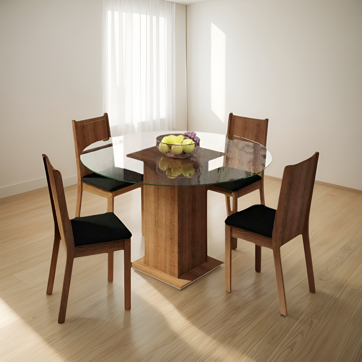 Juego De Comedor Con Mesa Redonda De Vidrio Y 4 Sillas Rústi Color Negro Liso