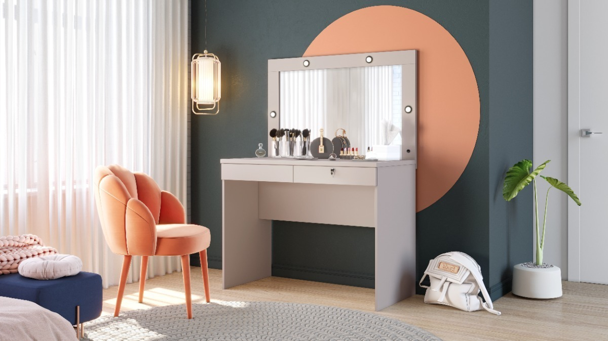 Tocador - Comoda - Camarin - Espejo + Luz Led + Cerradura Off White - Imagen 4