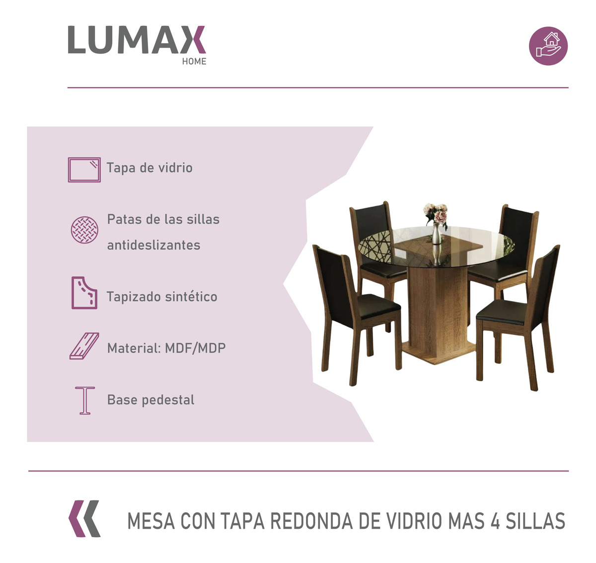 Juego De Comedor Con Mesa Redonda De Vidrio Y 4 Sillas Rústi Color Negro Liso - Imagen 2