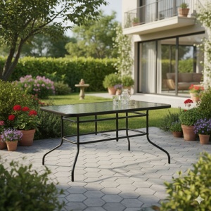 Mesa De Exterior Jardín De Acero Y Vidrio Templado Negro