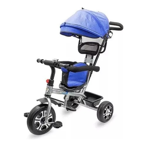Coche De Paseo Triciclo - Con Volante Capota Pedales Canasto - Azul