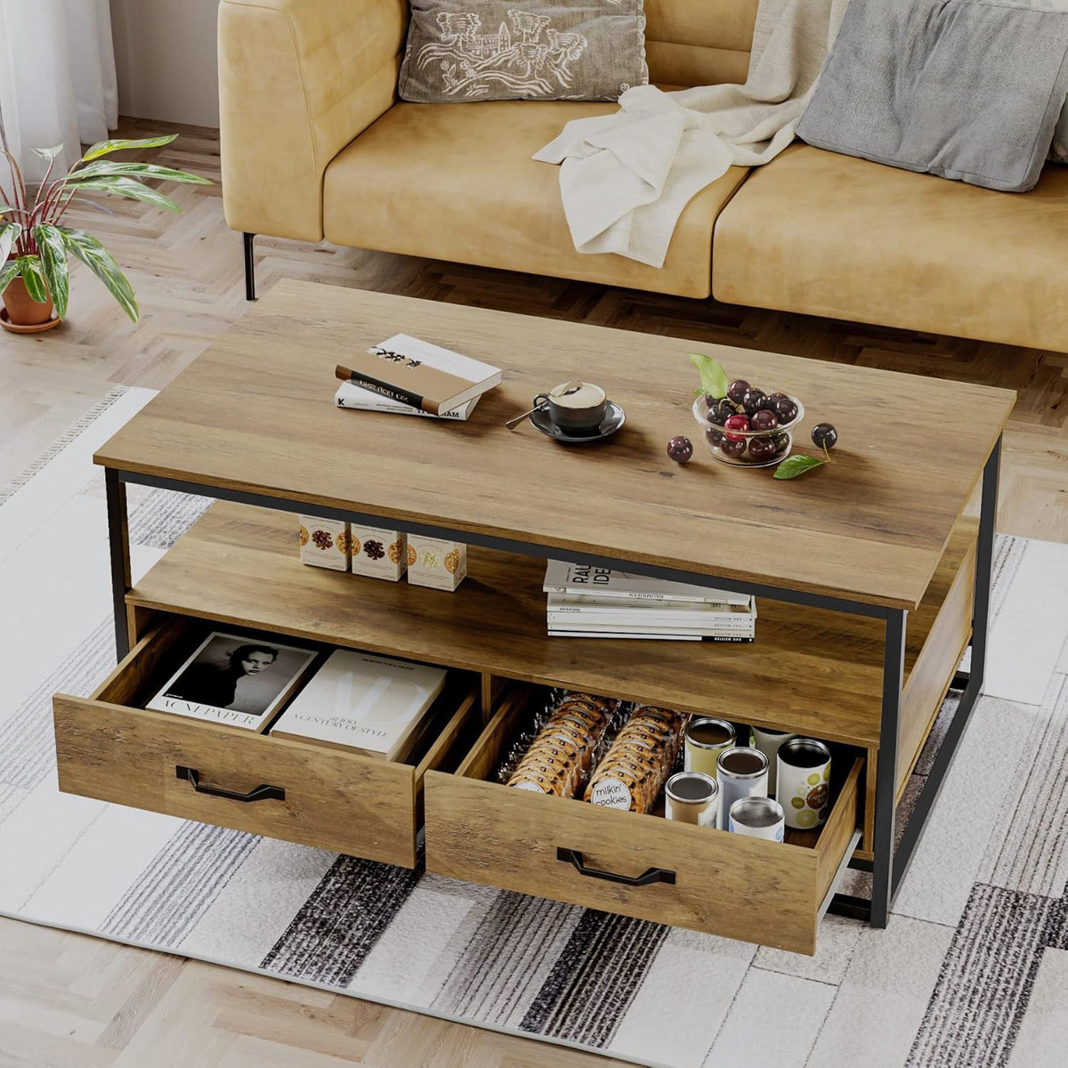 Mesa De Centro Ratona Estilo Industrial Cajones - Imagen 3