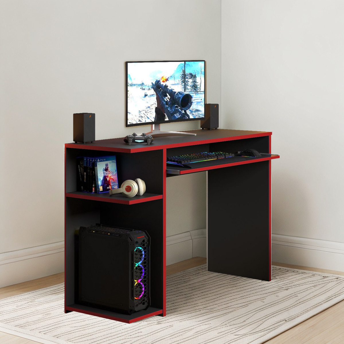 Escritorio Mesa Pc Gamer Estante Computadora - - Negro/Rojo - Imagen 2