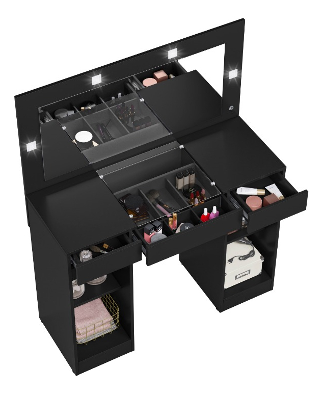 Tocador Camarin Comoda Con Espejo Cajones Organizador Luces - Negro - Imagen 4