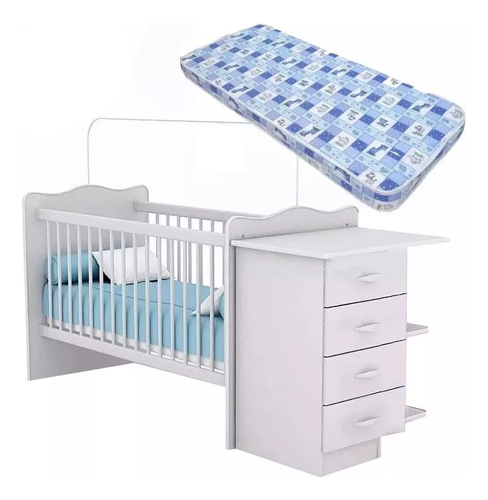 Cuna Infantil Con Cambiador Y Colchon - Cajonera Y Estantes - Blanco
