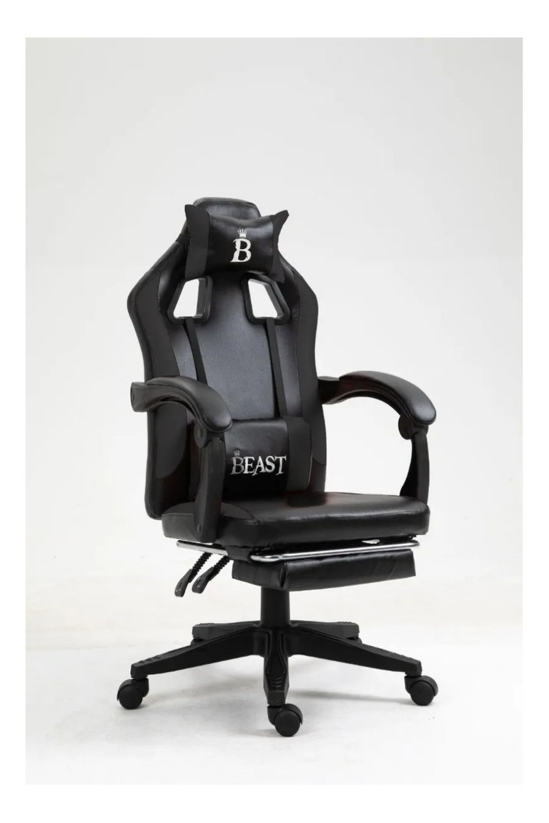 Silla Pc Gamer Base Metálica Con Apoyapies Premium Giratoria - Negro