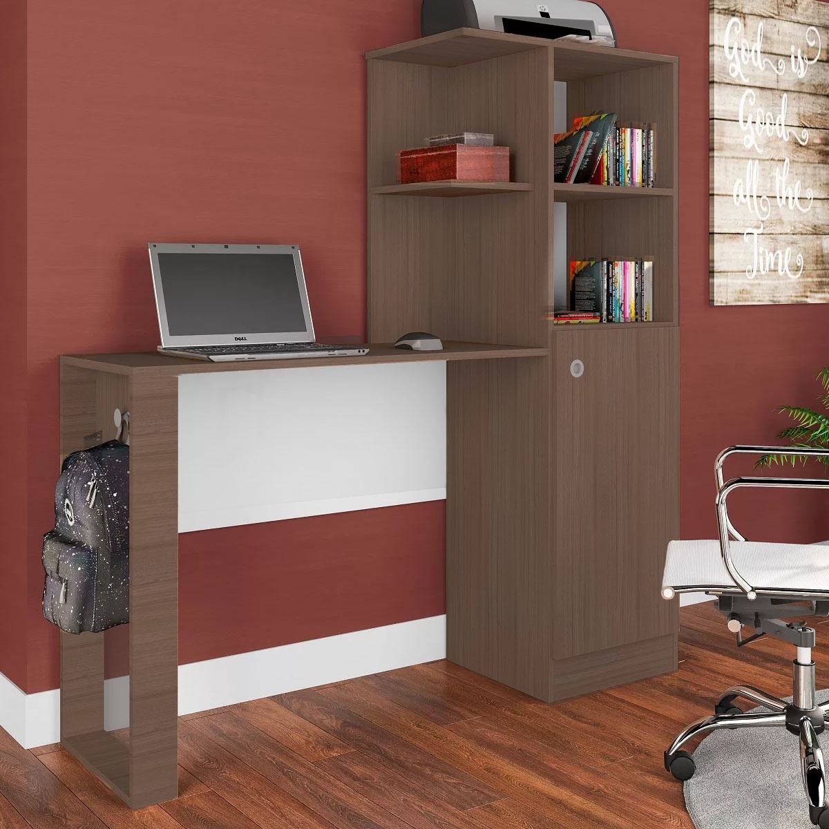 Escritorio Mesa Pc Con Armario Estantes Y Puerta - Tabaco - Imagen 3